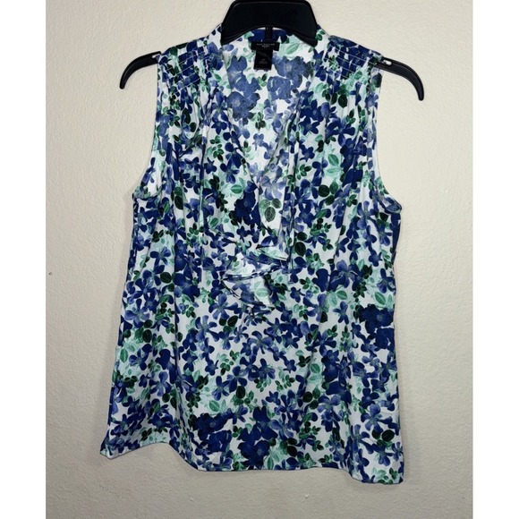 Tops - ANN TAYLOR Blouse Sleeveless Green/Blue V-neck Ruffle Front Top Medium Petite